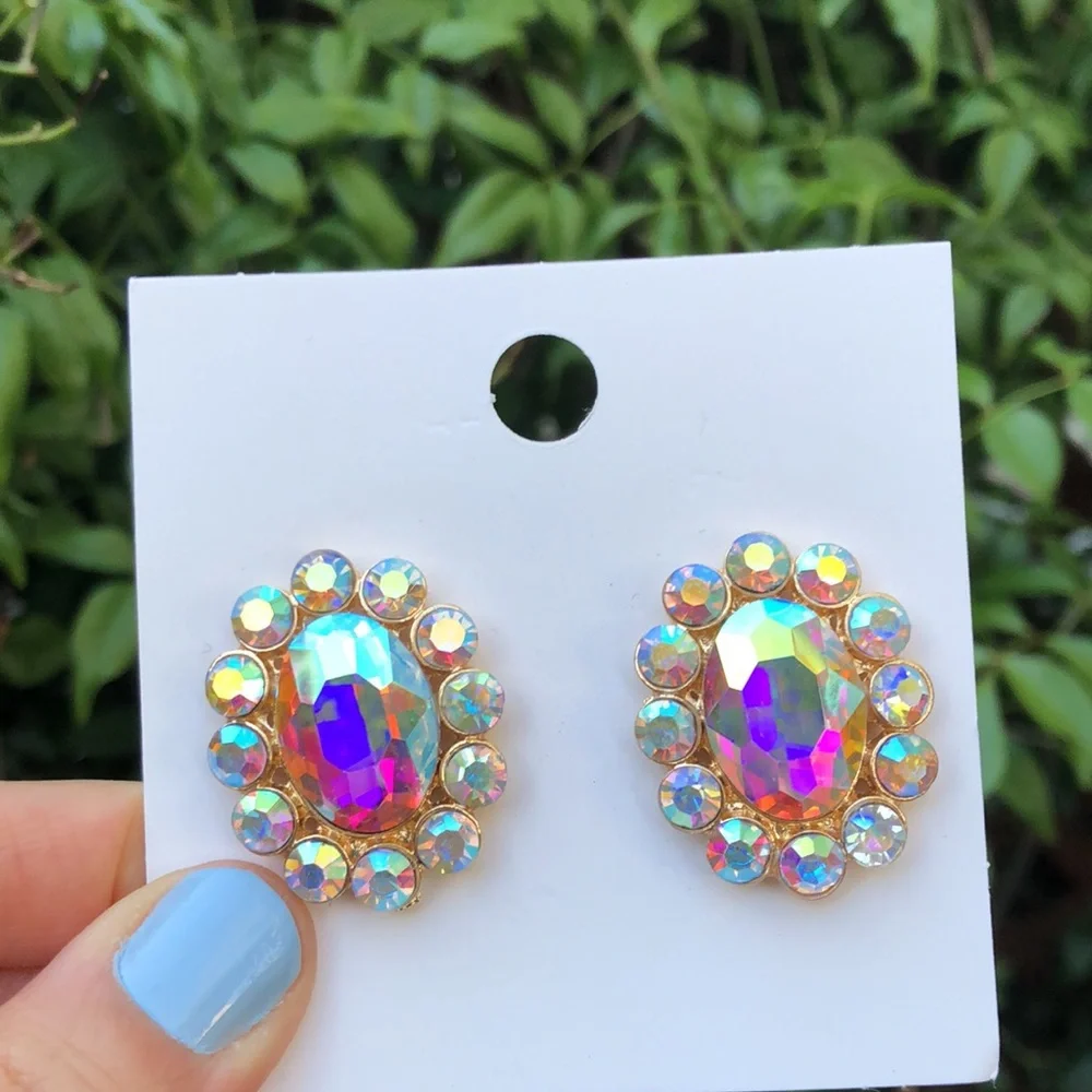 Aurora Borealis Oval Crystal Halo Statement Earrings